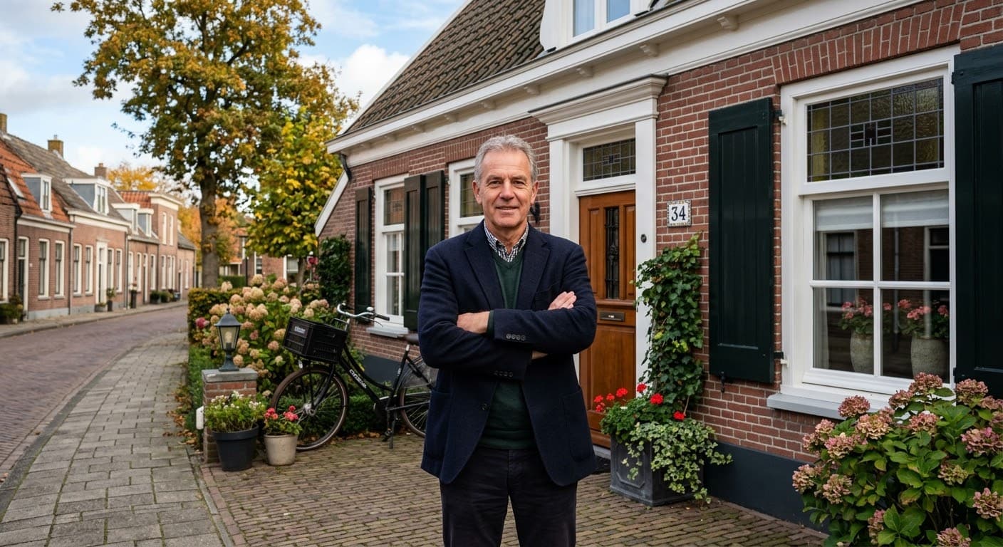 Huiseigenaar voor zijn woning aan een dorpsstraat