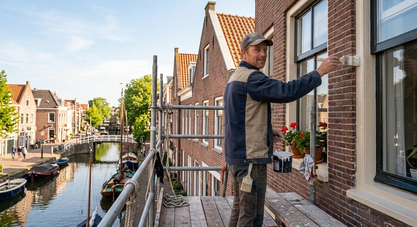 Schilder op een steiger langs een gracht, bezig met een kozijn